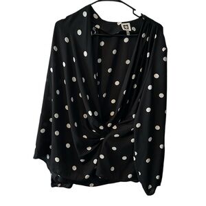 Anne Klein 1X wrap front black polka dot blouse